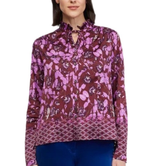 NWT Carlisle Cotswold Ruffled Satin Border Print Blouse - Picture 2 of 4